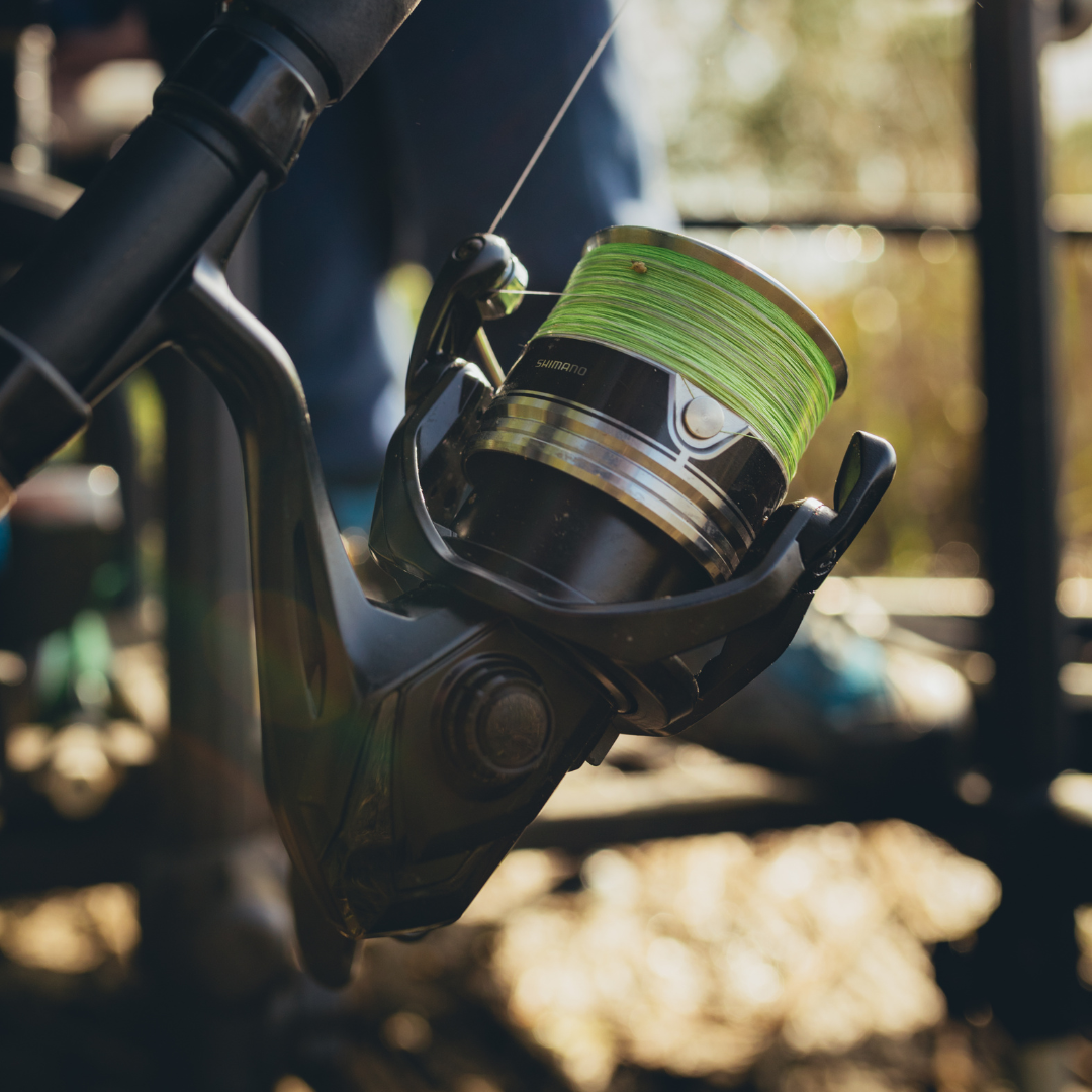 Close-up of the Shimano Aero BB C5000 reel with green line, mounted on a rod, highlighting its durable and sleek design.