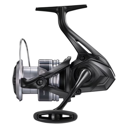 Shimano Aero BB C3000 spinning reel in black and silver, side view showcasing its sleek design and durable construction.