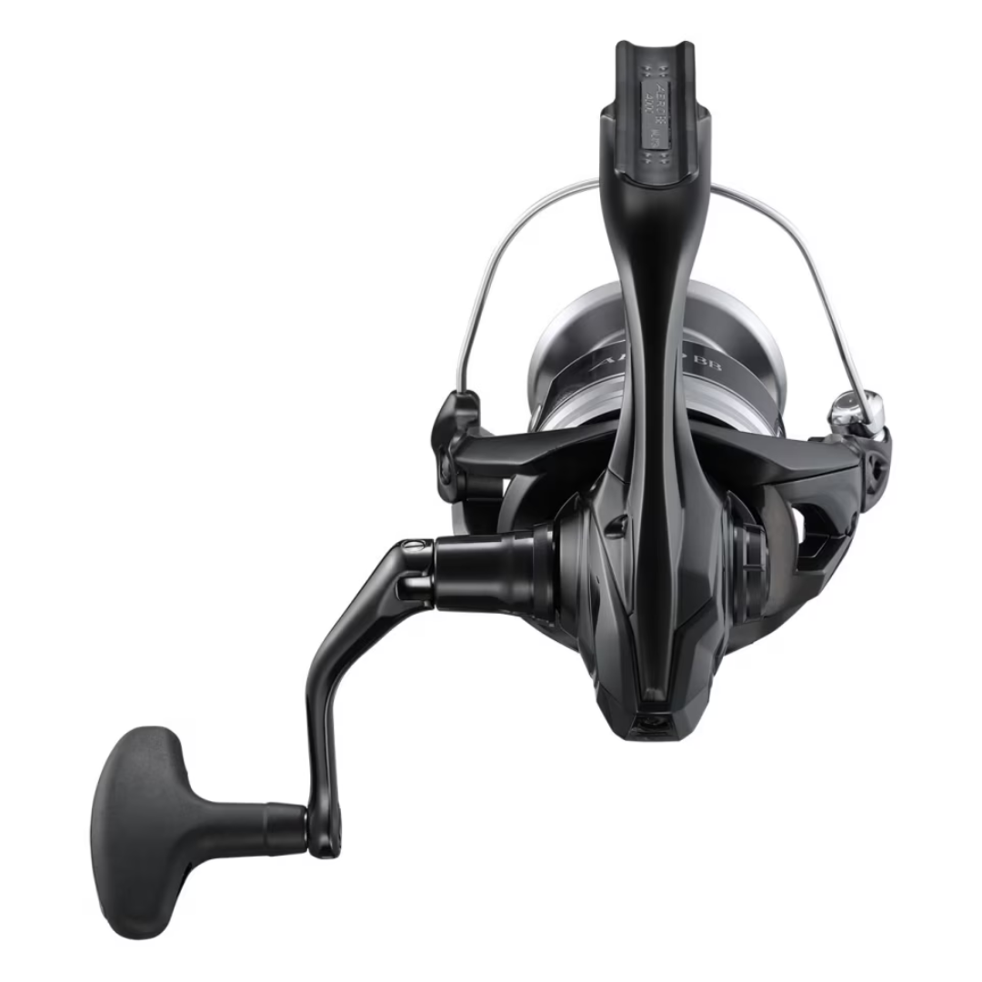 Rear view of Shimano Aero BB C3000 spinning reel, emphasizing its robust build and comfortable grip handle.