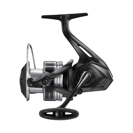 Shimano Aero BB C5000 spinning reel in black and silver, side view showcasing its sleek design and durable construction.