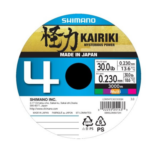 Shimano Kairiki 4 fishing line, 0.230mm diameter, 3000m length, multi-color, with 18.6kg strength. Made in Japan, durable and high-performance.