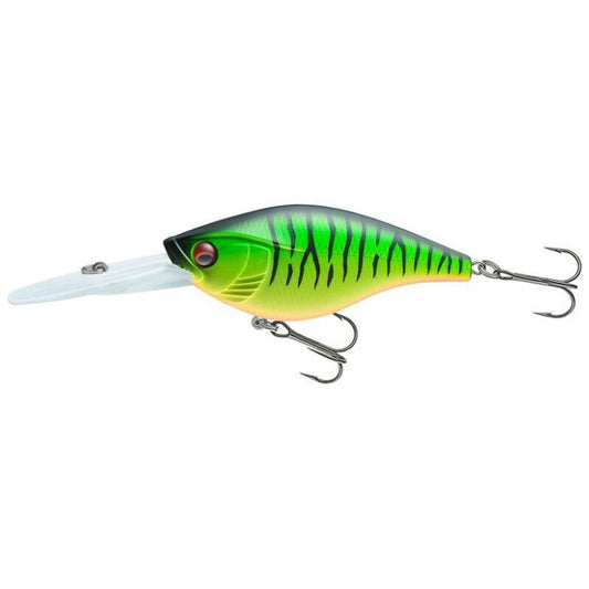 DAIWA Prorex Crankbait F-DR 8cm 24g Firetiger with vibrant green and yellow body, black stripes, and dual treble hooks. Ideal hard lure for fishing enthusiasts.