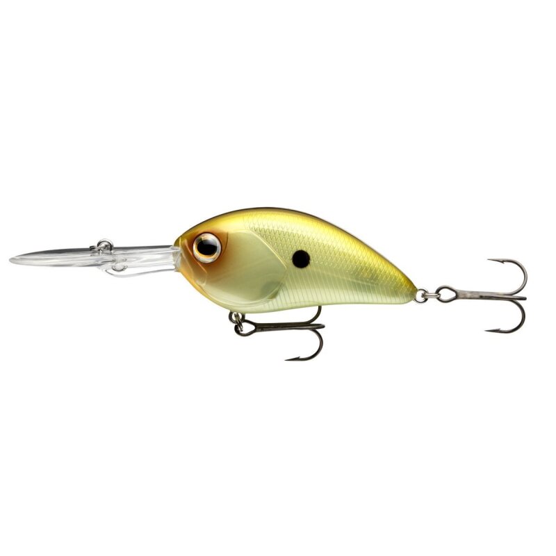 DAIWA Steez Crank DR 300 6,1cm 18g Biwako Lime hard lure with a yellow-green body, black spot, and dual treble hooks for fishing.