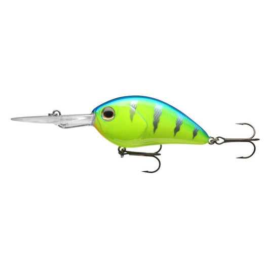 DAIWA Steez Crank DR 300 6,1cm 18g Monster Chartreuse hard lure with vibrant green and blue body, black stripes, and dual treble hooks for fishing.