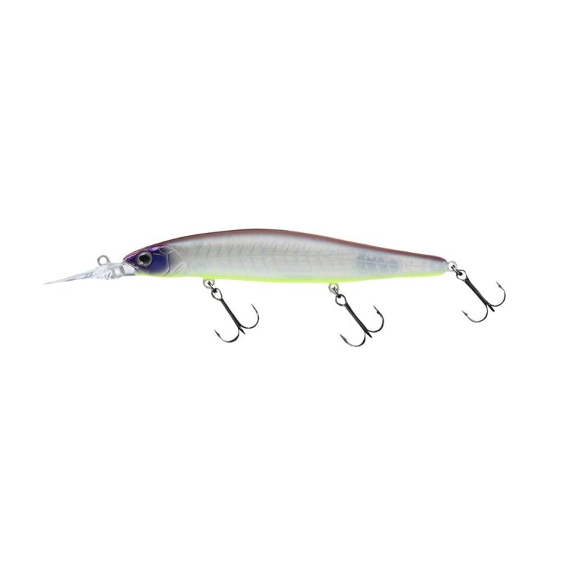 DAIWA Steez Minnow 110SP MR 11cm 15g Ghost Herring hard lure with a sleek design, featuring a translucent body and three treble hooks for fishing.