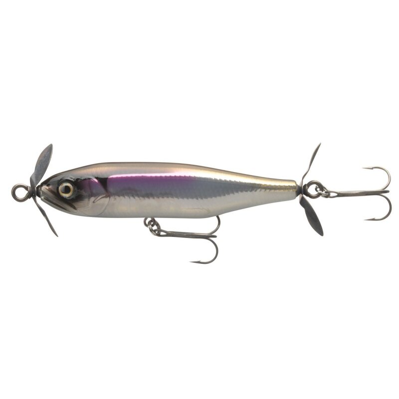 DAIWA Steez Prop 85S 8,5cm 13,8g Wakasagi hard lure featuring a sleek fish-like design with dual propellers and treble hooks for fishing.