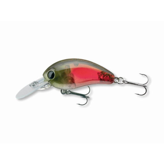 DAIWA Tournament Baby Crank 35F-DR 3,5cm 3,5g Lazer Red hard lure with a compact design, featuring a red and olive body and dual treble hooks.