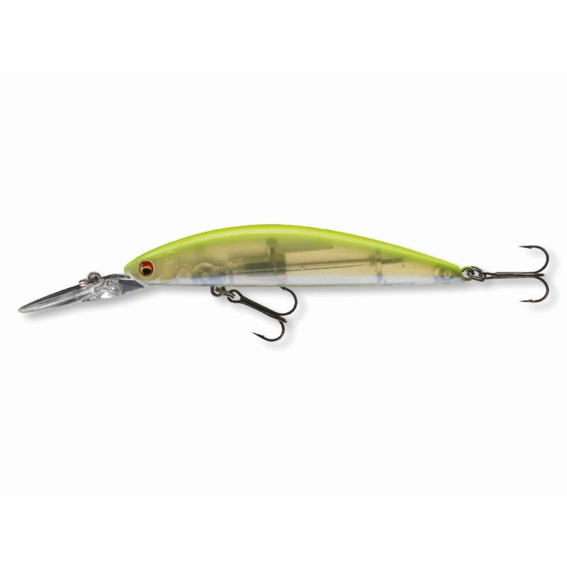 DAIWA Tournament Current Master 93F-DR 9,3cm 12g fishing lure with chartreuse back and pearl finish, featuring dual treble hooks and a diving lip. Ideal for hard lure fishing.