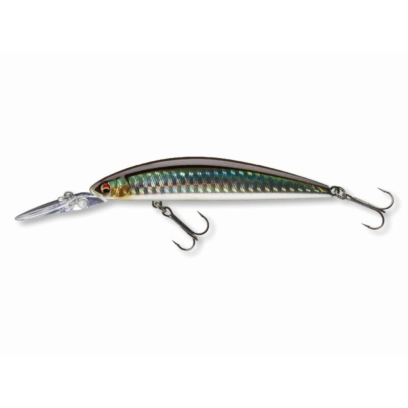 DAIWA Tournament Current Master 93F-DR 9,3cm 12g Kibinago hard lure with a sleek, reflective body, dual treble hooks, and a long diving lip for precision fishing.