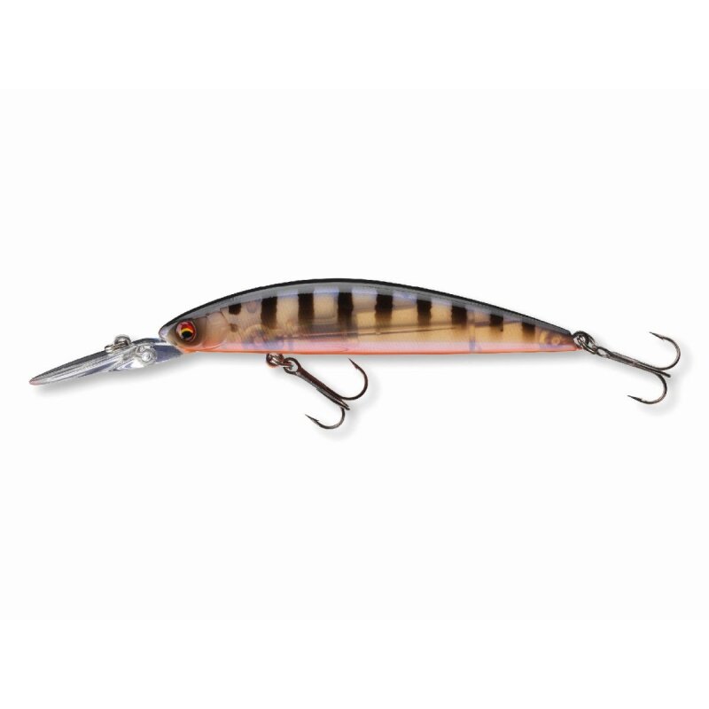 DAIWA Tournament Current Master 93F-DR 9,3cm 12g Pearl Ghost Perch hard lure with realistic perch pattern, dual treble hooks, and deep-diving lip.