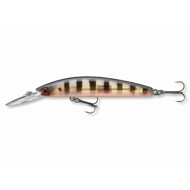 DAIWA Tournament Double Clutch 75SP 7.5cm 5g-G Pearl Ghost Perch hard lure featuring a lifelike perch pattern, dual treble hooks, and a slim, elongated body for precision fishing.