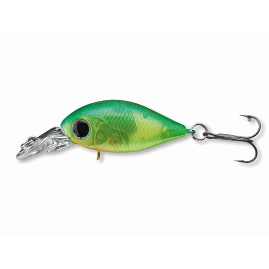 DAIWA Tournament Rolling Crank JR 27F-MR 2,7cm 1,8g Lemon Chartreuse hard lure with vibrant green and yellow body, black eye detail, and treble hook.