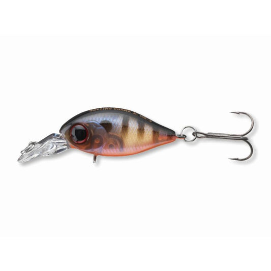 DAIWA Tournament Rolling Crank JR 27F-MR 2,7cm 1,8g Pearl Ghost Perch hard lure with realistic perch pattern, compact design, and sharp treble hook.