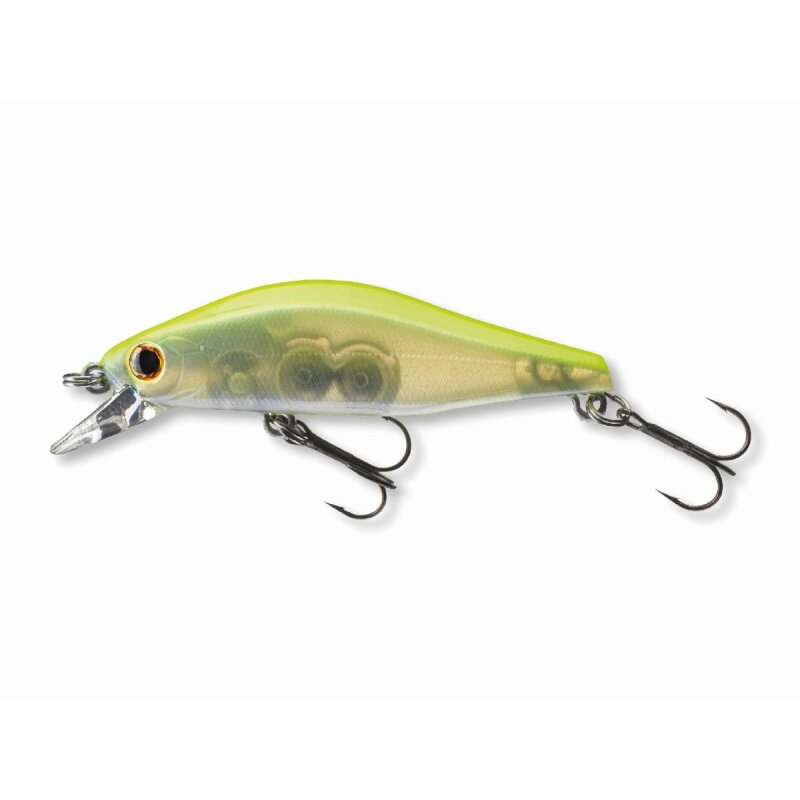 DAIWA Tournament Wise Minnow 50FS 5cm 5,2g in Chartreuse Back Pearl color with dual treble hooks, ideal for fishing. Premium hard lure for anglers.