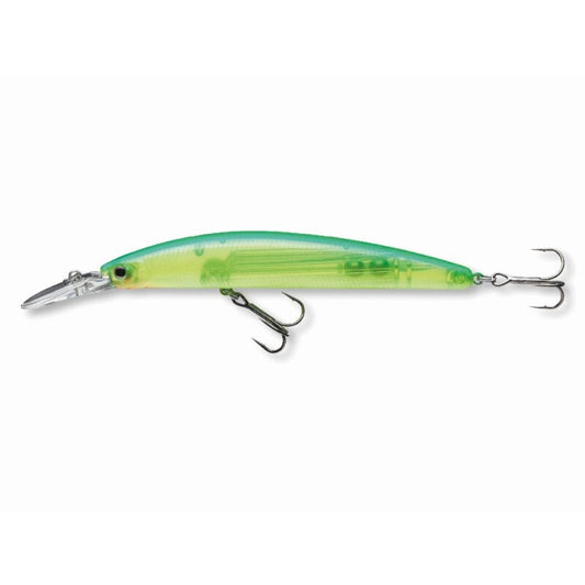 DAIWA Tournament XL Shiner 130F 13cm 22,5g Lime Chartreuse hard lure with a sleek green and yellow design, equipped with two treble hooks.