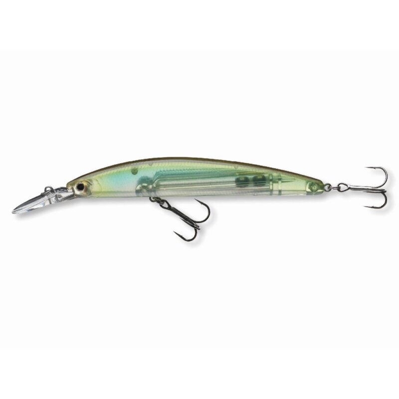 DAIWA Tournament XL Shiner 130F 13cm 22,5g See Through Shad hard lure with a transparent body, dual treble hooks, and a realistic shad design for fishing.