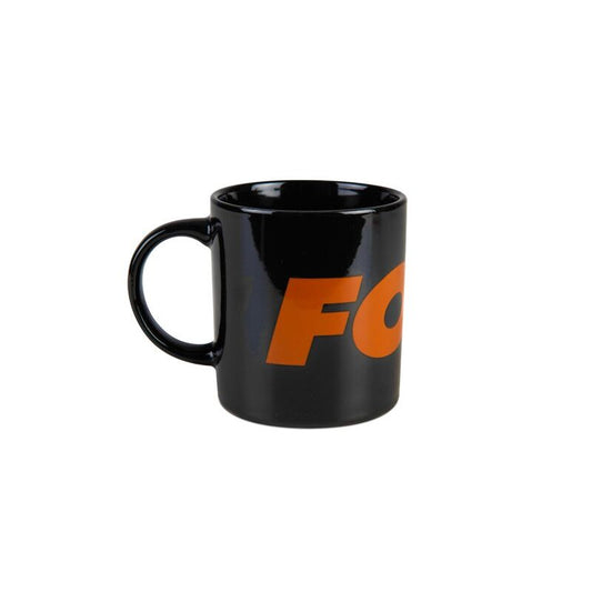 FOX Black and Orange Logo Ceramic Mug 350ml with bold orange FOX branding on a sleek black finish, ideal for camping and outdoor use.