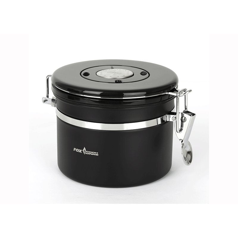 FOX Cookware Coffee Tea Storage 860ml in black with airtight seal and locking mechanism, ideal for camping and outdoor use.