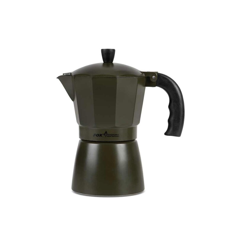 FOX Cookware Espresso Maker 6 Cups 300ml in olive green with a black handle, ideal for camping and outdoor coffee brewing.