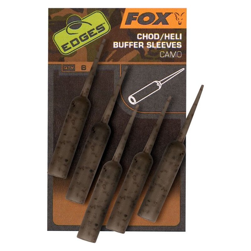 FOX Edges Naked Chod/Heli Buffer Sleeves Camo 6Stk. Terminal tackle accessory in camouflage design for fishing rigs, featuring six durable sleeves.