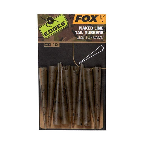 FOX Edges Naked Line Tail Rubbers Trans Khaki 10Stk in camo packaging, designed for terminal tackle setups. Includes 10 durable tail rubbers for fishing rigs.