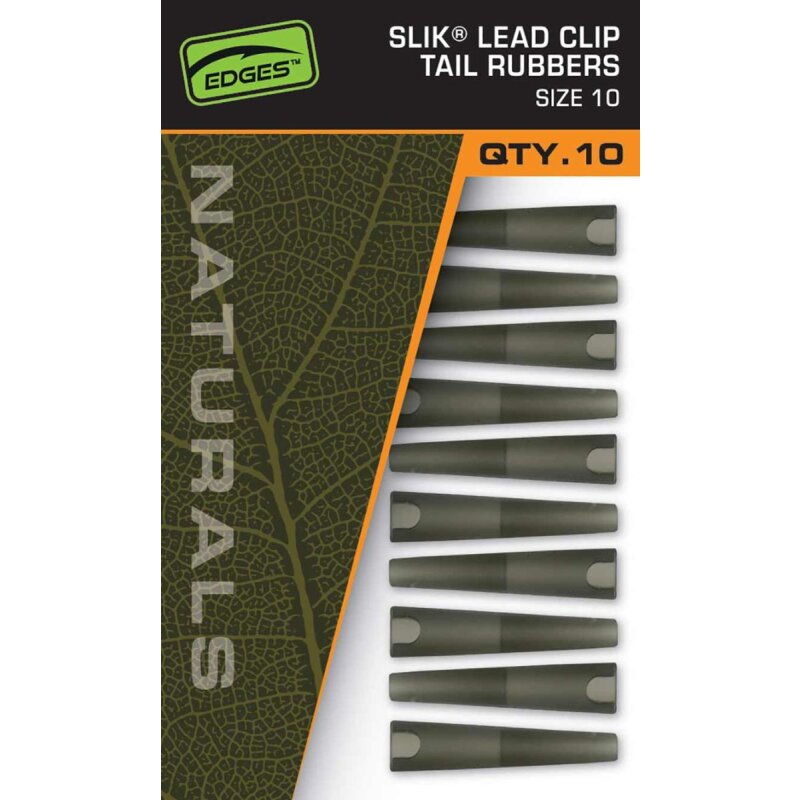 FOX Edges Naturals Slik Lead Clip Tail Rubber Gr.10 10Stk. in green, designed for terminal tackle setups. Pack of 10 pieces with a natural finish.