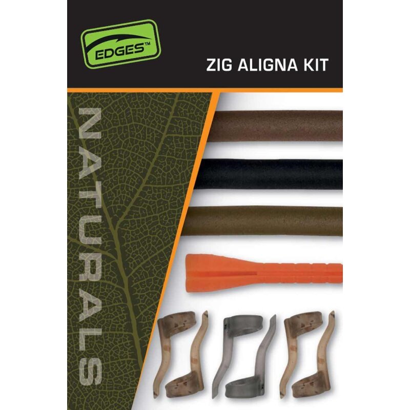 FOX Edges Naturals Zig Aligna Kit featuring multiple components including aligners, sleeves, and tubing in natural tones for carp fishing.