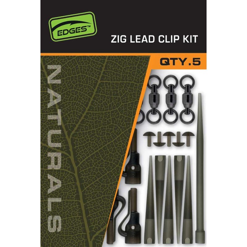 FOX Edges Naturals Zig Lead Clip Kit 5x5Sk featuring durable green components for terminal tackle, including clips, swivels, and tubing.