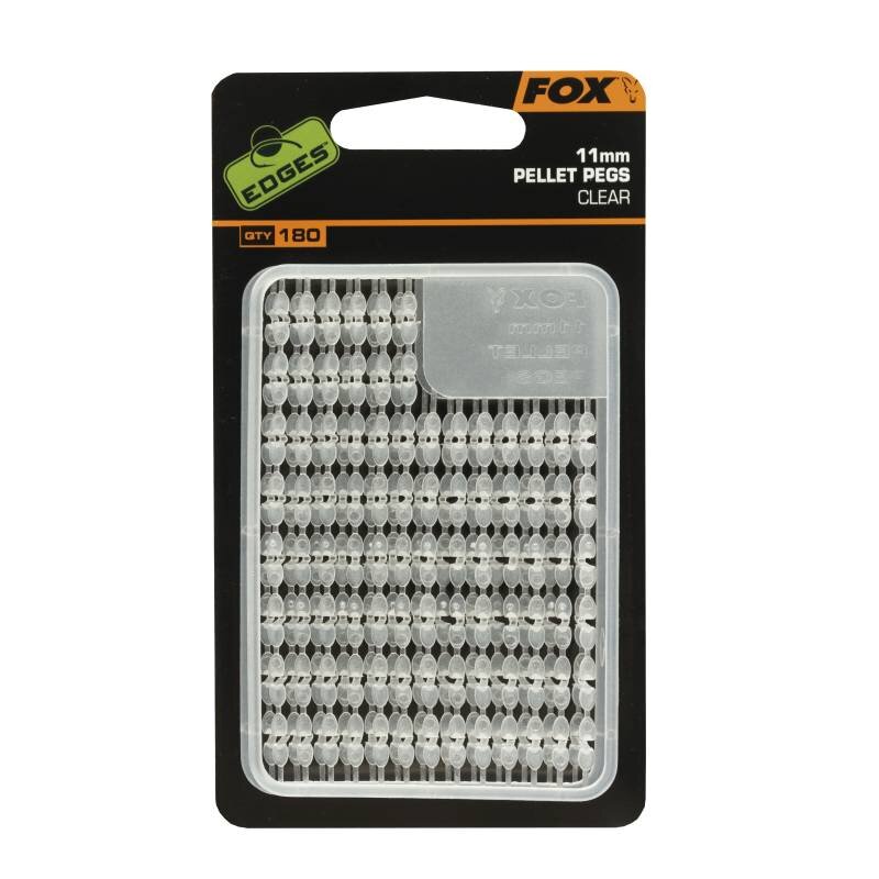 FOX Edges Pellet Pegs 11mm Clear 180Stk. in retail packaging, ideal for securing bait in fishing rigs. Terminal tackle accessory.