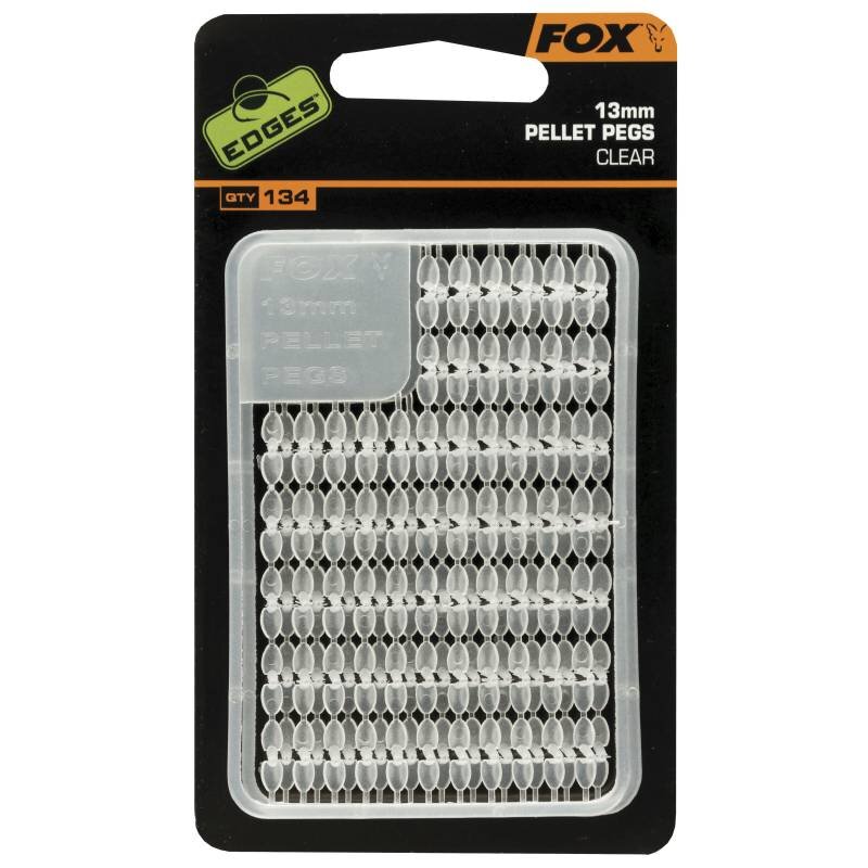 FOX Edges Pellet Pegs 13mm Clear 134Stk in retail packaging. Transparent terminal tackle accessory for securing bait effectively.