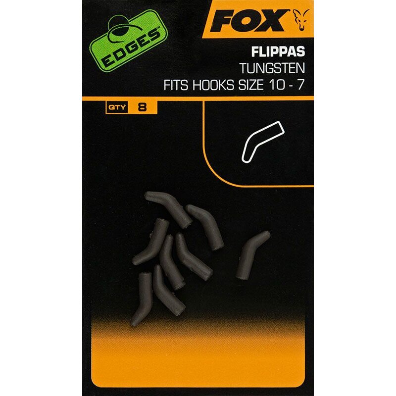 FOX Edges Tungsten Flippas Gr.10-7 in a pack of 8, designed for terminal tackle, suitable for hooks size 10-7, displayed in black packaging.