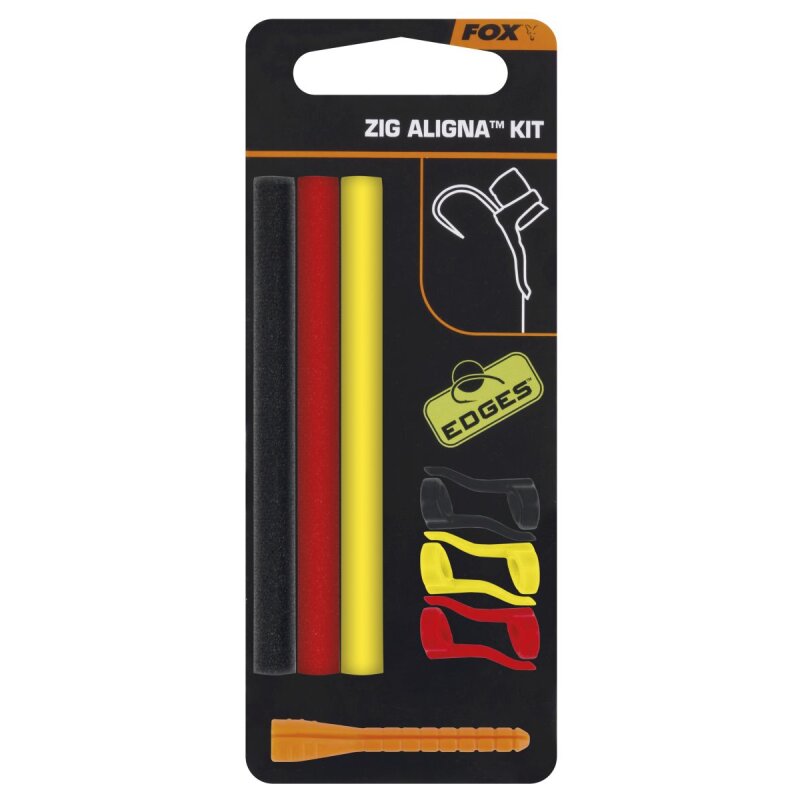 FOX Edges Zig Aligna Kit with 6 sleeves, 3 foam pieces in yellow, red, and black, and an alignment tool for terminal tackle setups.