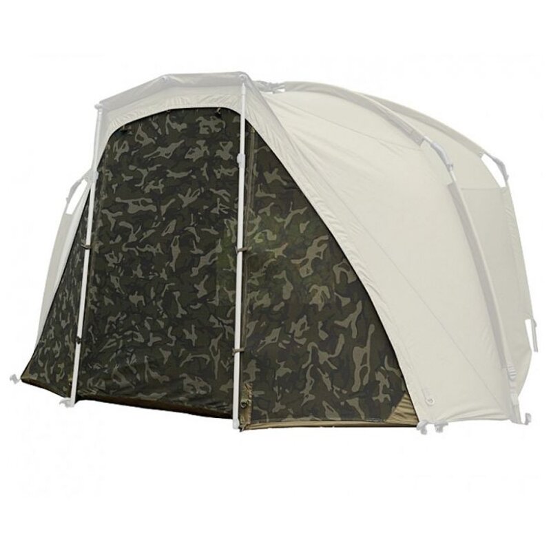 FOX Frontier Camo Mozzy Mesh camping tent with camouflage mesh panels and durable white frame, ideal for outdoor protection.