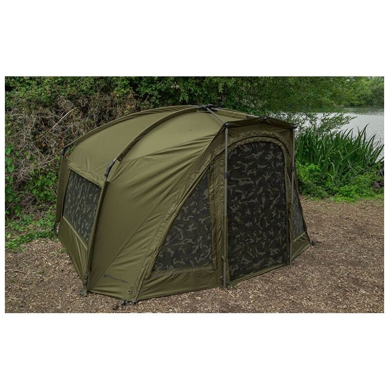 FOX Frontier X Camo Mozzy Mesh camping tent with camouflage mesh panels, durable green fabric, and spacious design for outdoor use.