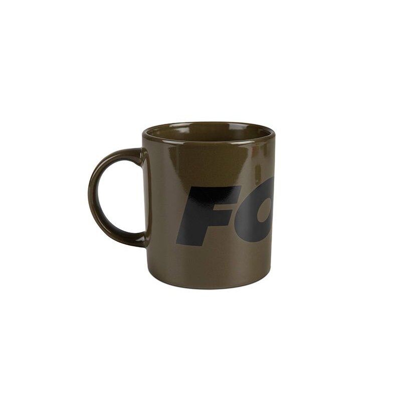 FOX Green and Black Logo Ceramic Mug 350ml featuring a durable green finish with bold black FOX branding, ideal for camping and outdoor use.