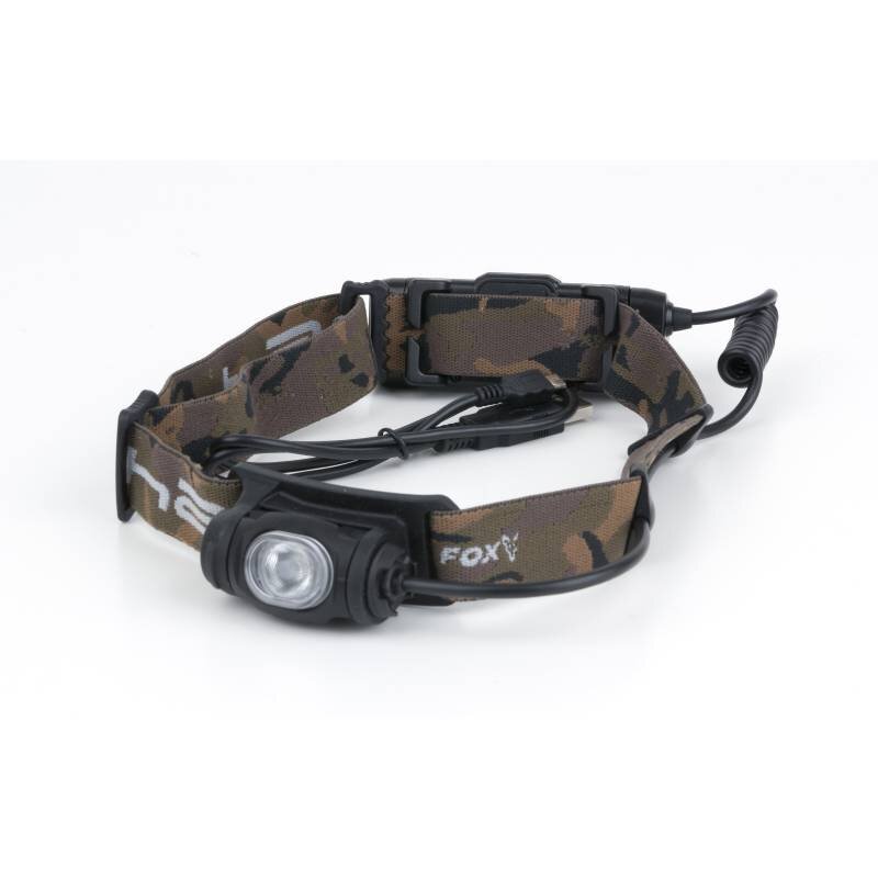 FOX Halo Headtorch AL350C 500lm with adjustable camo strap and compact LED light, ideal for camping and outdoor activities.