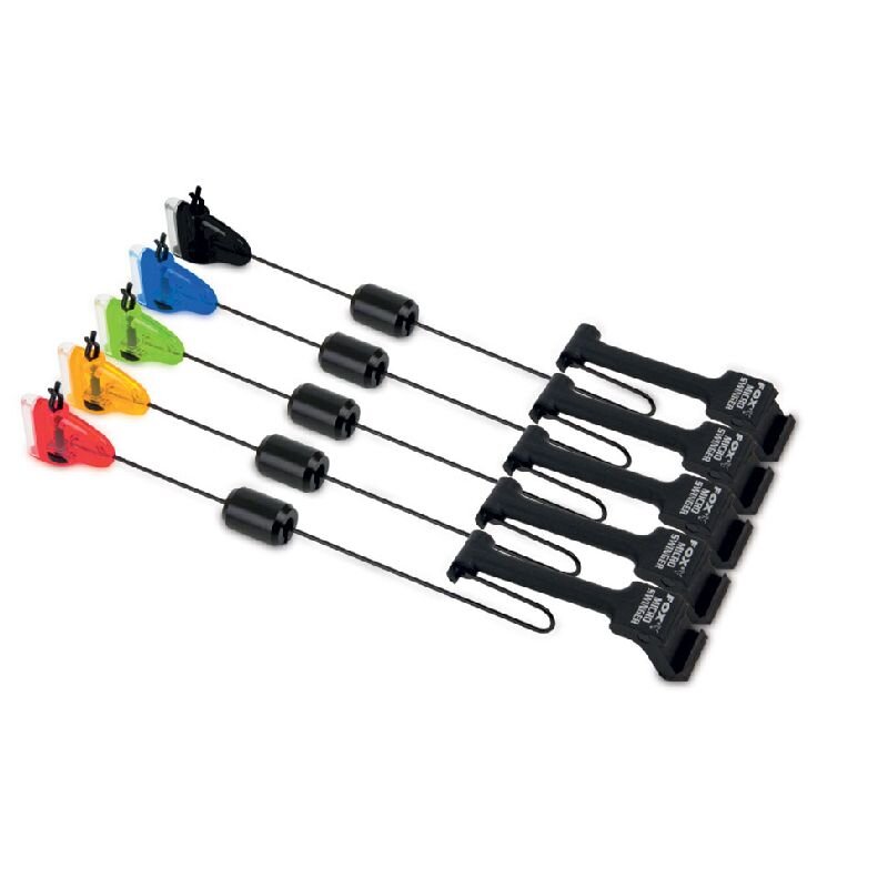 FOX Micro Swinger 42g Black terminal tackle set with adjustable tension arms and colored heads for fishing bite indication.