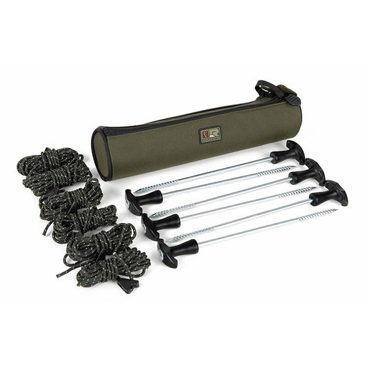 FOX R-Series Bivvy Storm Pack 30cm with durable pegs, ropes, and a compact green carry case, ideal for camping setups.