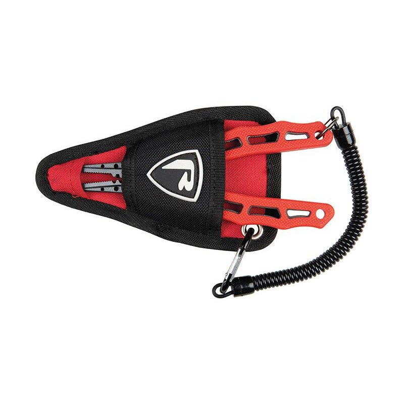 FOX RAGE Belt Pliers with red and black design, featuring a durable sheath, coiled lanyard, and carabiner for secure attachment. Ideal for terminal tackle use.