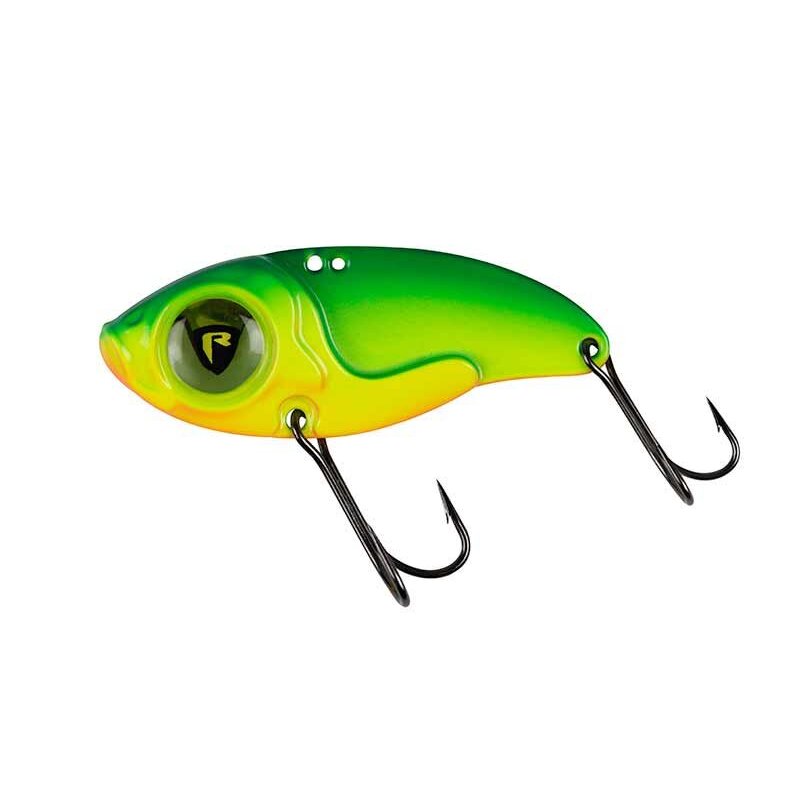 FOX RAGE Big Eye Blade 6cm 17g UV Fire Tiger lure with vibrant green and yellow gradient, large eye design, and dual treble hooks.