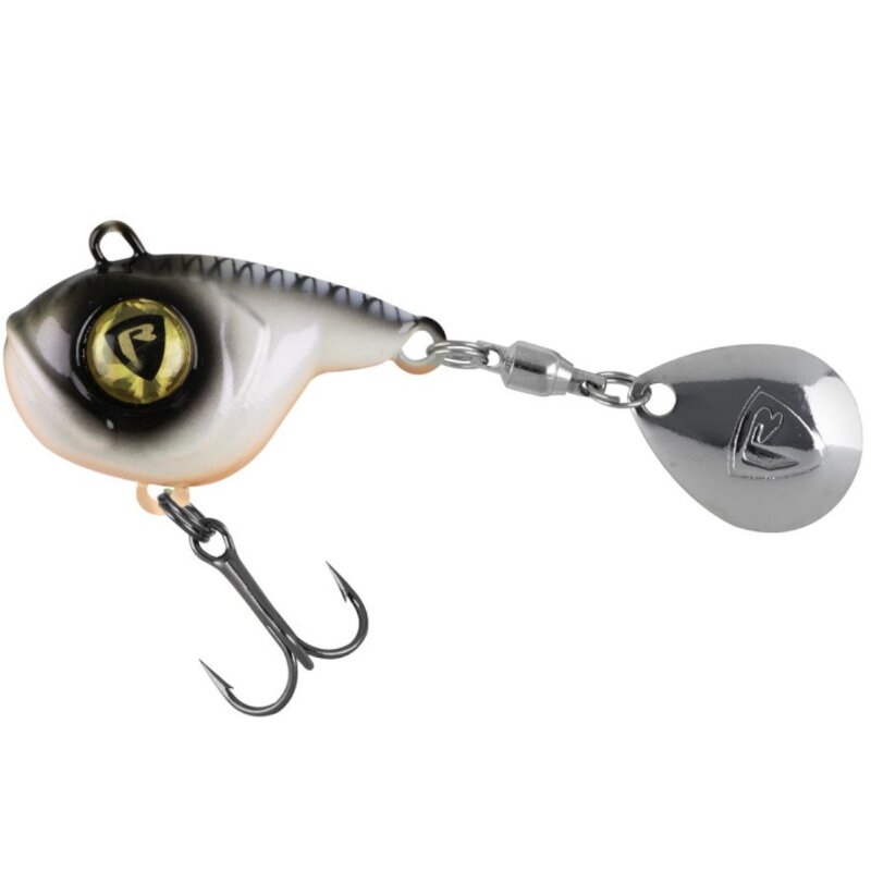 FOX RAGE Big Eye Spin Tail 26g Ultra UV Bleak fishing lure with a large eye design, treble hook, and silver spinning tail blade.