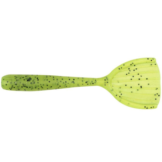 FOX RAGE Creature Shovel Shad 9cm UV Chartreuse 6Stk. fishing lure with bright chartreuse color and black speckled pattern, ideal for predator fishing.