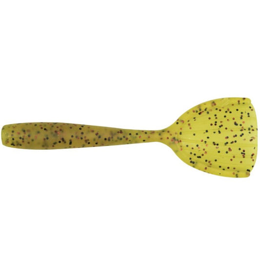 FOX RAGE Creature Shovel Shad 9cm UV Golden Glitter lure with a yellow body and glitter accents, ideal for fishing. Pack of 6.