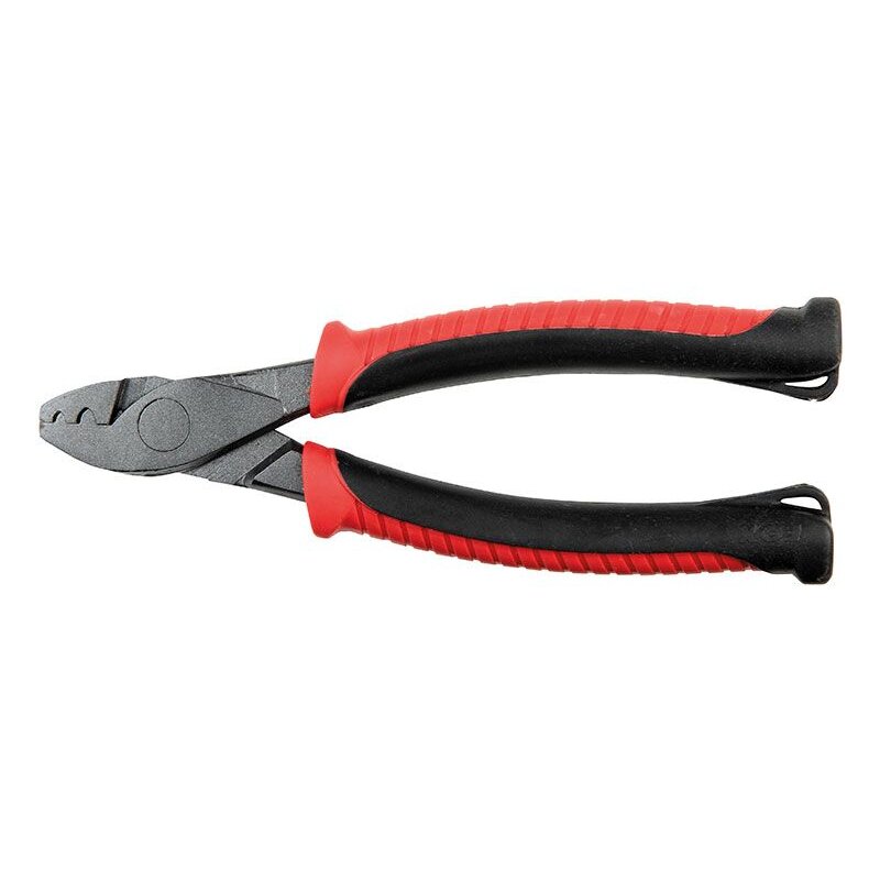 FOX RAGE Crimping Pliers 6-inch with red and black ergonomic handles, ideal for terminal tackle and fishing rig assembly.