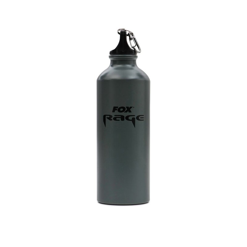 FOX RAGE Drink Bottle 550ml in matte black finish with a secure screw cap and carabiner clip, ideal for camping and outdoor activities.