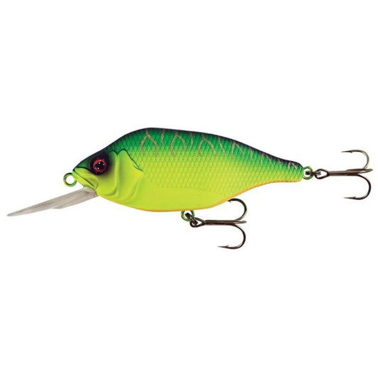 FOX RAGE Hitcher Crank & Troll DR 10cm 35g UV Fire Tiger lure with vibrant green and yellow body, red eyes, and dual treble hooks.