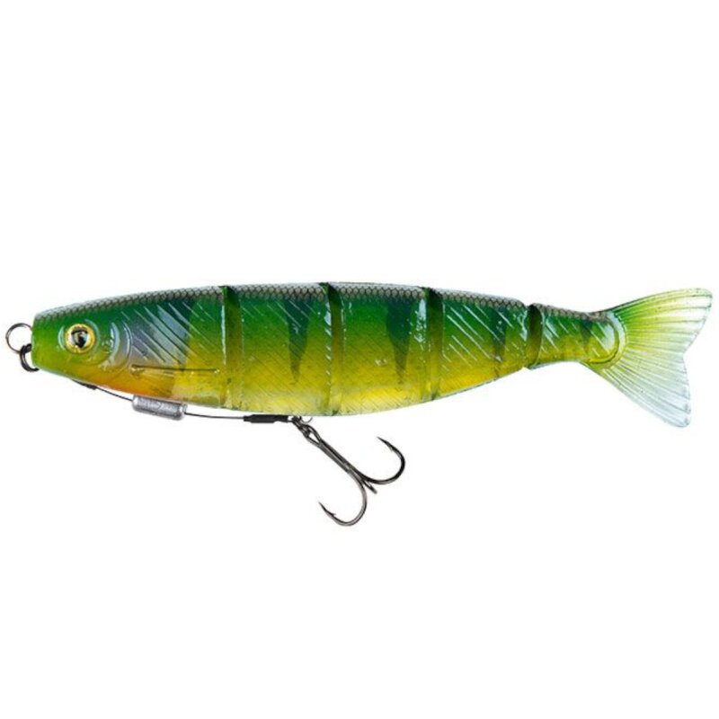 FOX RAGE Loaded Jointed Pro Shad 18cm UV Stickleback lure featuring a lifelike stickleback design with green and yellow UV detailing, jointed body, and treble hook.