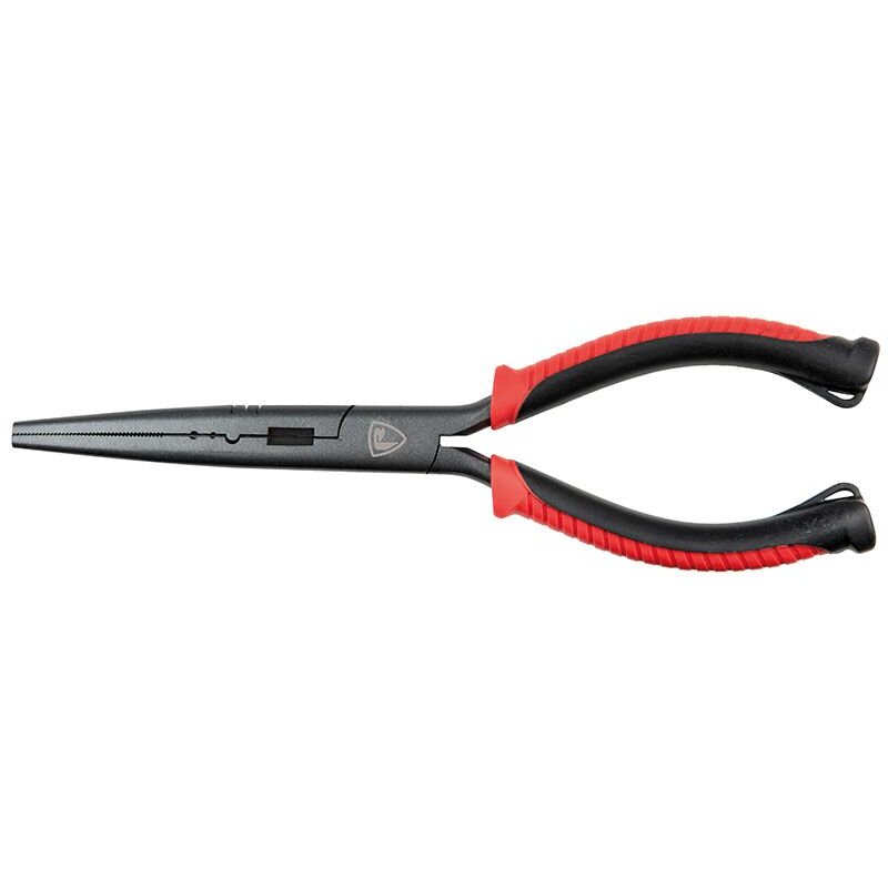 FOX RAGE Long Nose Pliers 8.5-inch with ergonomic red and black handles, ideal for terminal tackle adjustments and fishing use.