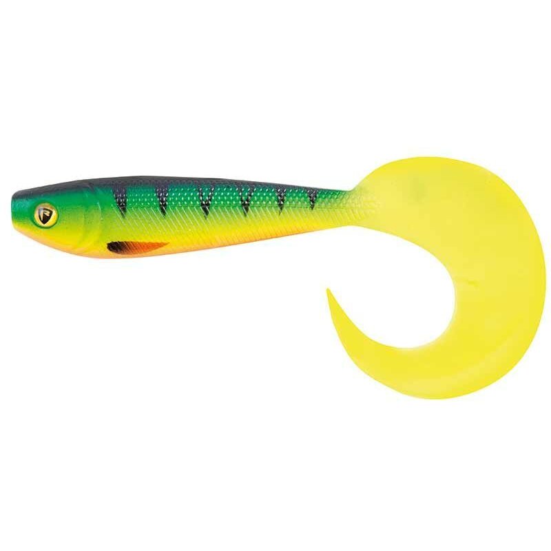 FOX RAGE Pro Grub 10cm UV Firetiger lure featuring a vibrant green and yellow body with a curled tail, ideal for predator fishing.