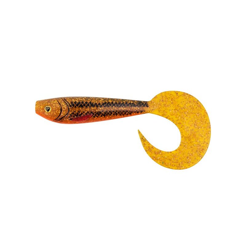 FOX RAGE Pro Grub 10cm UV Goldie lure featuring a vibrant gold and orange body with a curly tail, ideal for predator fishing.